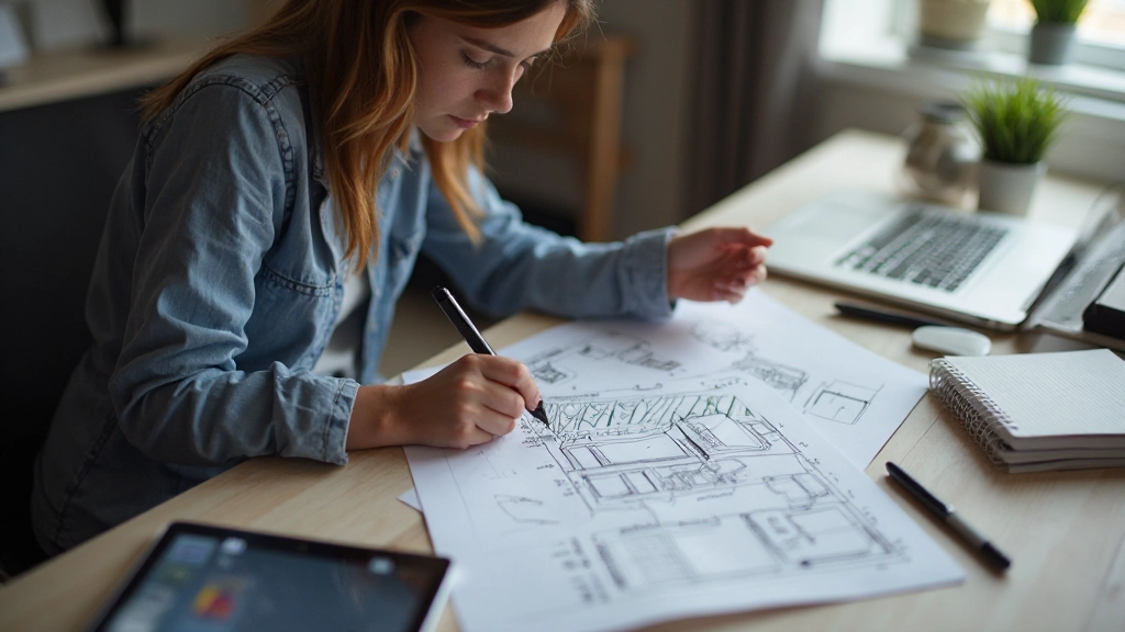 Designer werkt aan vastgoed website designproces op bureau met schermen