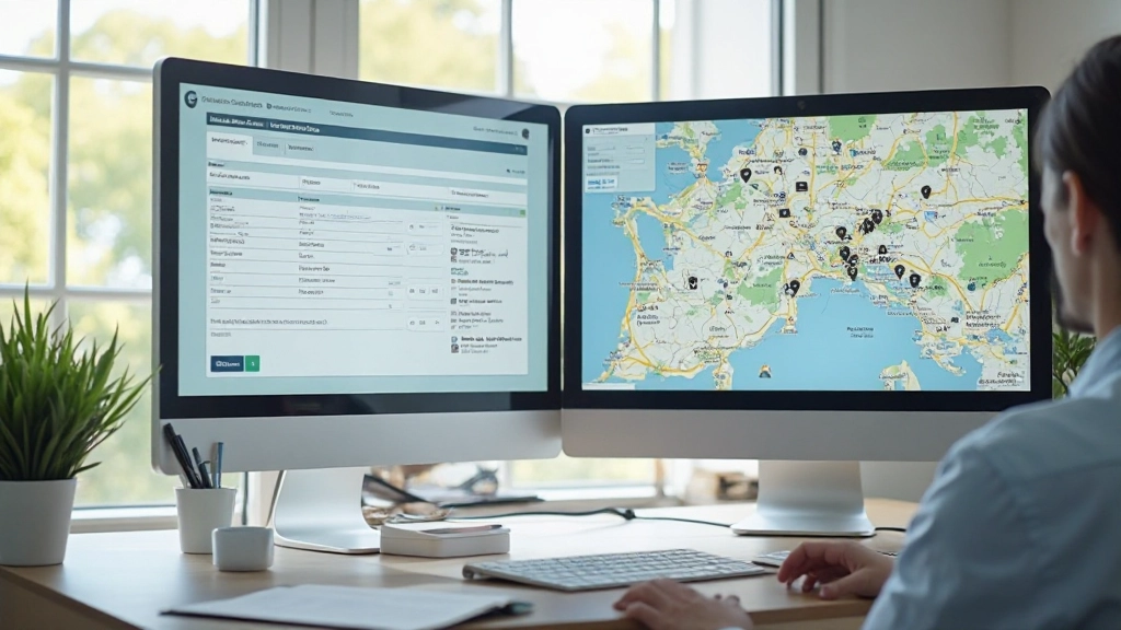 Bureauruimte met twee monitoren: links zoekopdracht interface, rechts kaart met eigendomlocaties