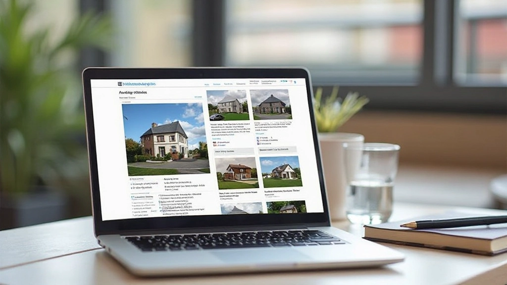 Laptop scherm met eigendomslijstpagina met professionele fotografie en duidelijke informatie layout