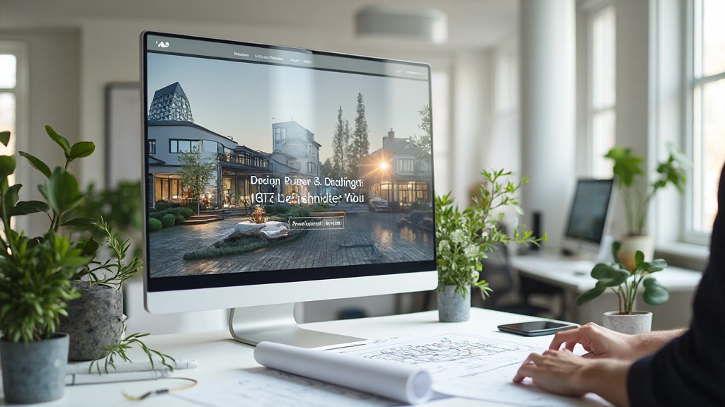 Modern kantoorruimte met groot scherm met vastgoedwebsite, architectenbureau design