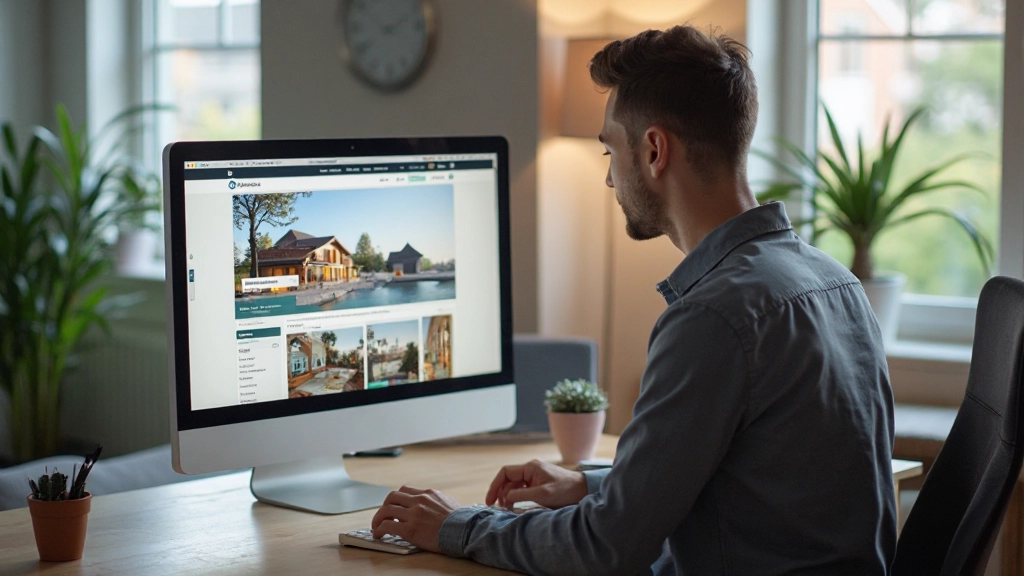 Close-up van een desktop scherm met een immobiliënwebsite die veel ruimte besteedt aan grote afbeeldingen