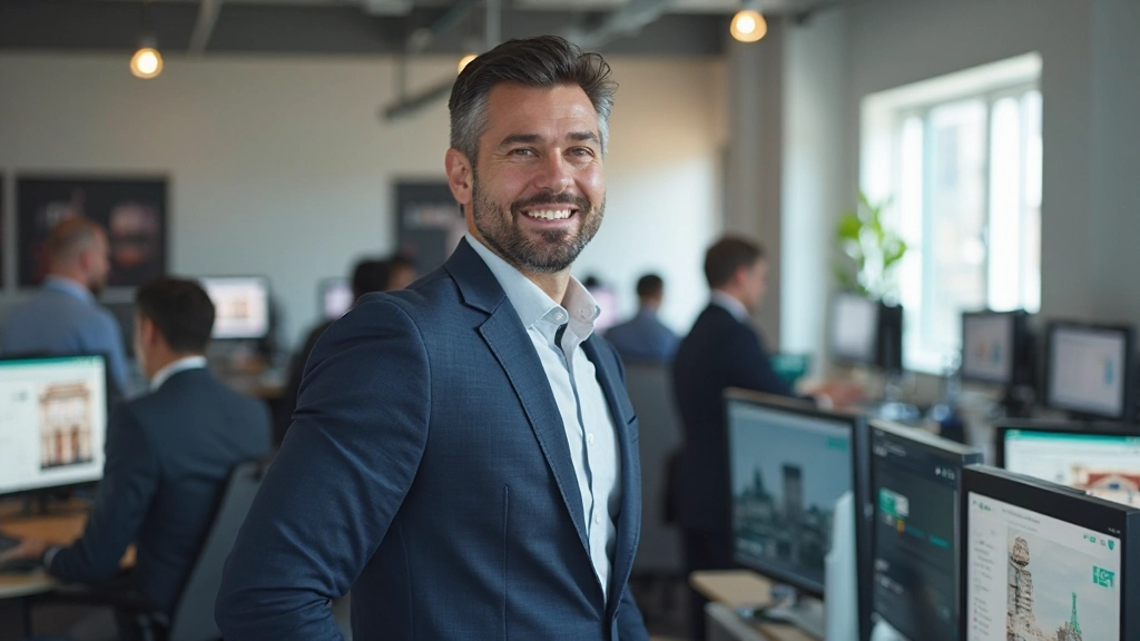 Makelaar in kantoor met optimale zoekmogelijkheden en filters die conversie genereren, blij met resultaten