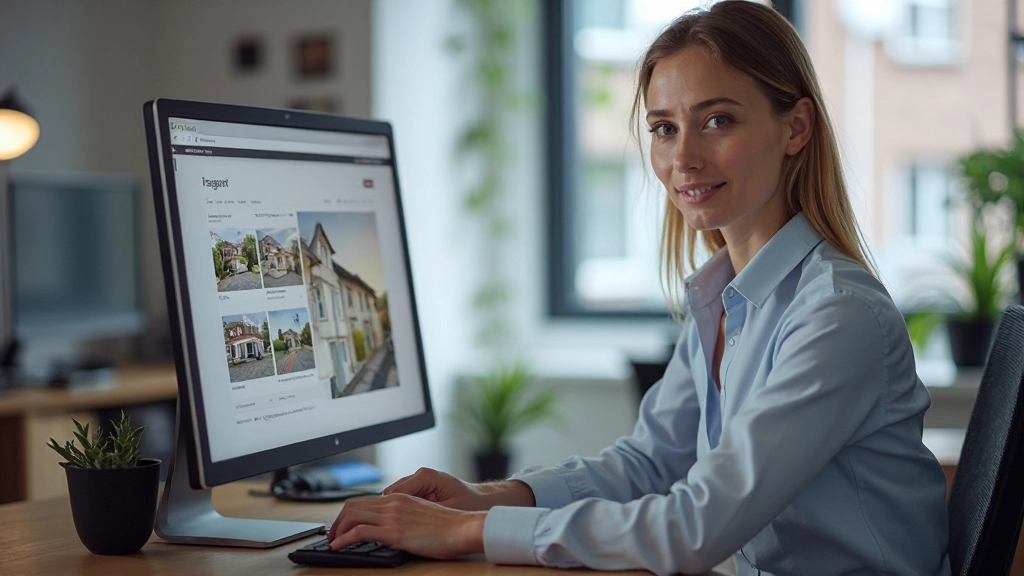 Makelaar op kantoor bekijkt zoekopdrachten en filtergegevens op computerscherm in professionele omgeving