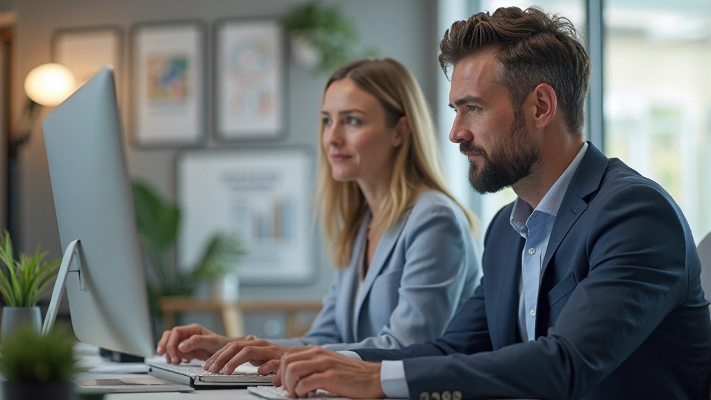 Twee professionele makelaars die kijken naar eigendomslijsten op een desktop scherm in een modern kantoor