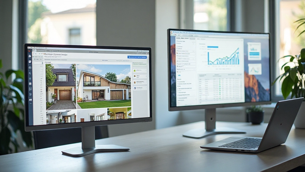 Modern makelaarskantorenomgeving met twee monitoren waarop professionele vastgoedwebsite en dashboard zichtbaar zijn
