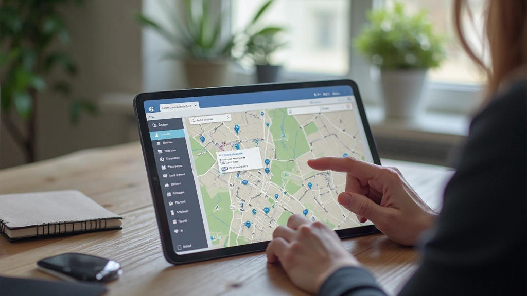 Ontwerper aan het werk op tablet, toont prototype van property listings interface met filters en kaartweergave
