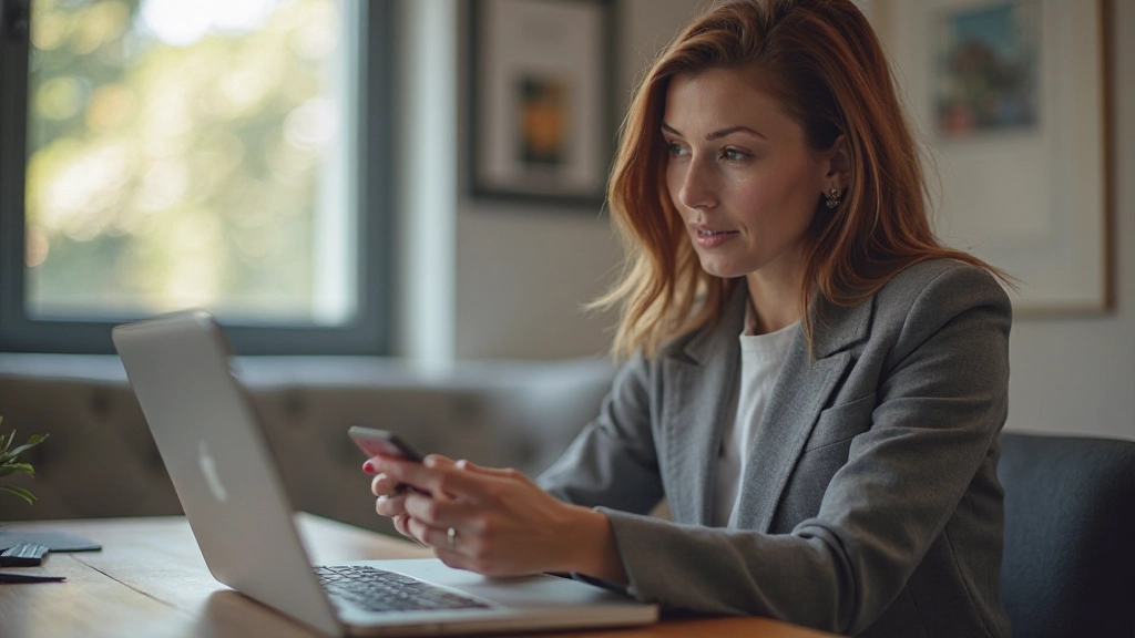 Persoon houdt smartphone vast met geopende vastgoedportal, natuurlijk licht op gezicht, koffie op tafel